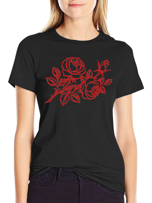 Black T-Shirt with Red Rose Design