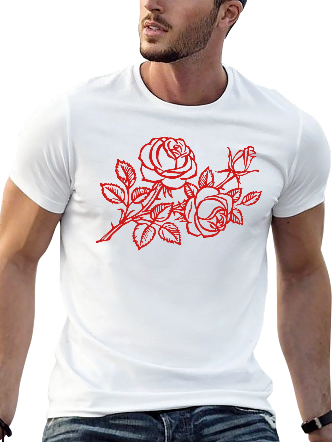 Black T-Shirt with Red Rose Design