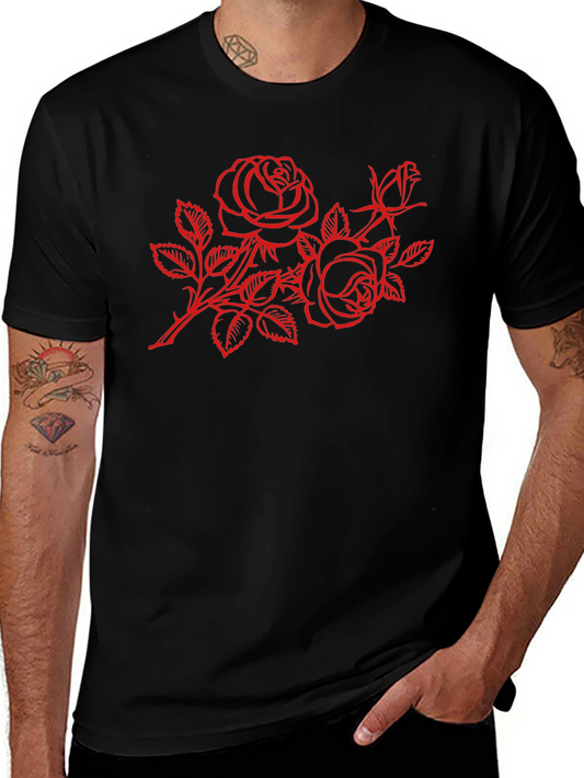 Black T-Shirt with Red Rose Design